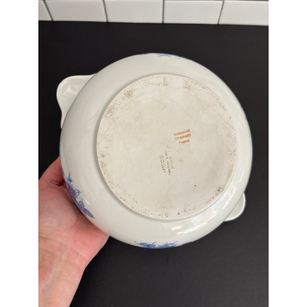 Apilco Blue White Floral Ceramic Tureen with Lid Round Serving Dish with Handles - Picture 9 of 13